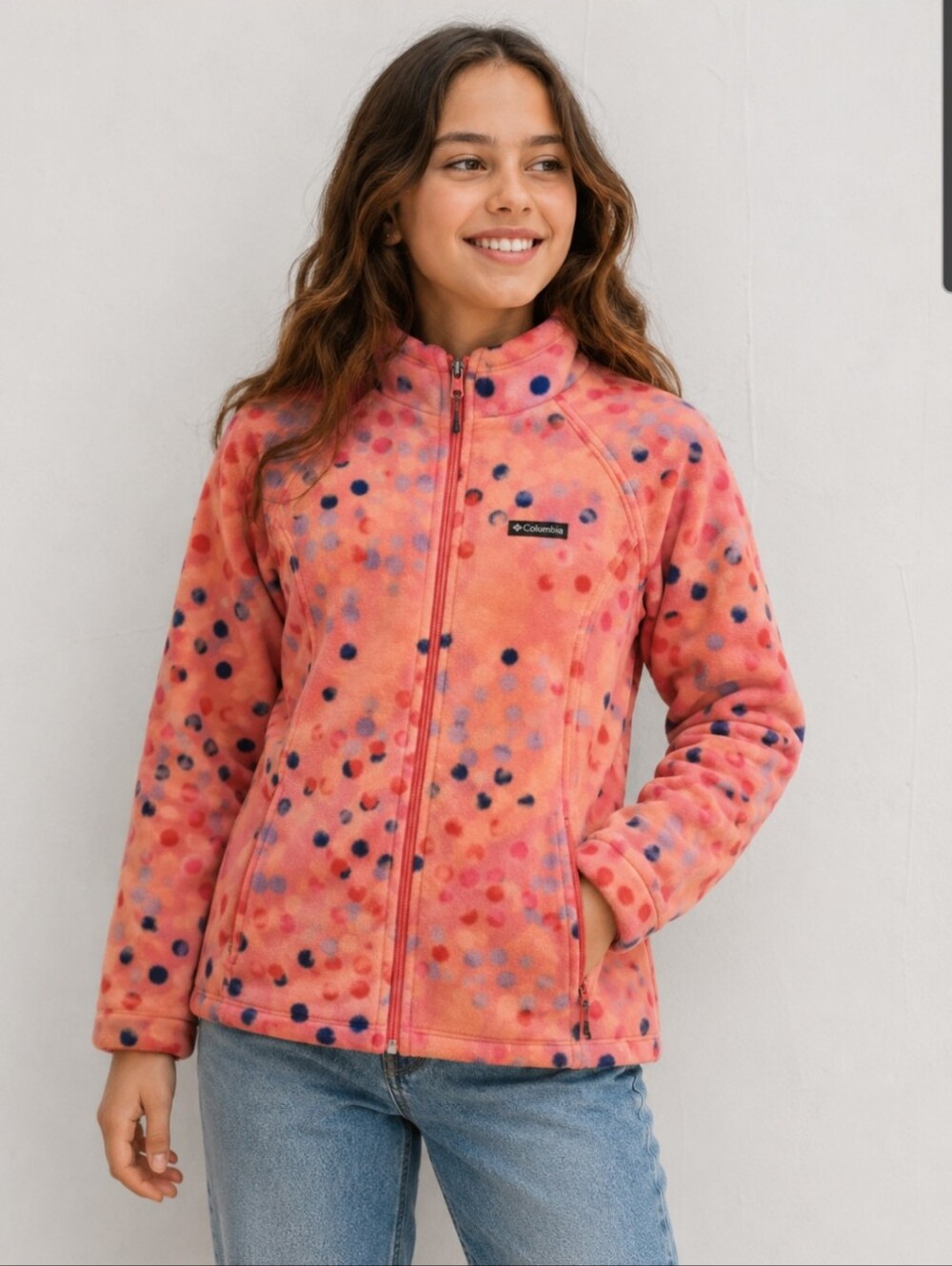 Columbia Girl Polkadot Pink Fleece Zip Up Sweater Jacket Size 18/20 XL